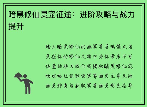 暗黑修仙灵宠征途：进阶攻略与战力提升