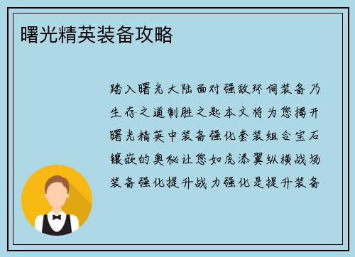 曙光精英装备攻略