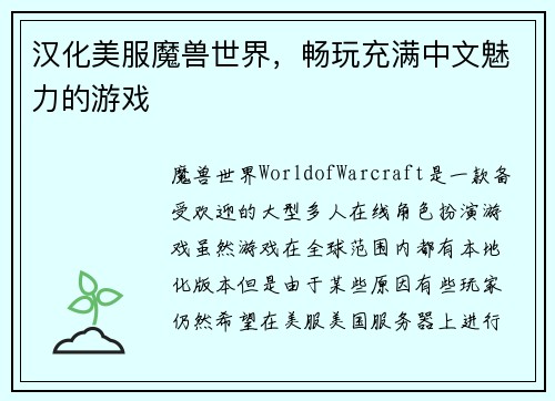 汉化美服魔兽世界，畅玩充满中文魅力的游戏